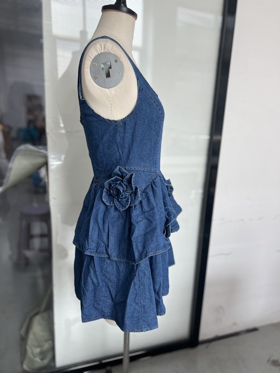 Autumn Women's Floral Layered Casual Style Denim Strap Dress 13