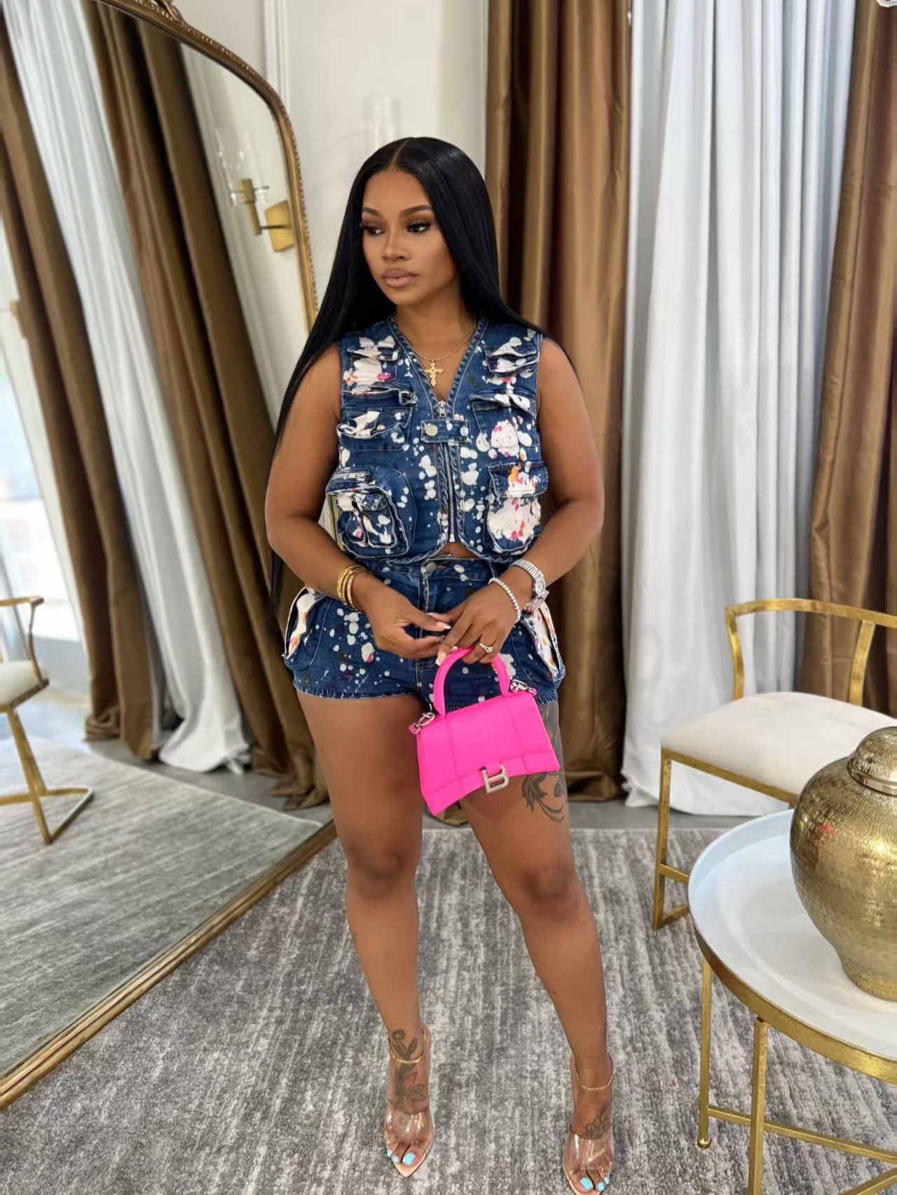 Printed Multi-Pocket Denim Vest Shorts Two Piece Set