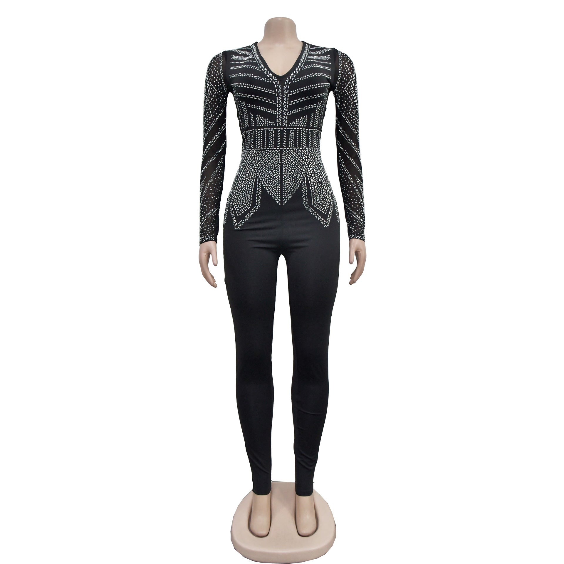 Women Solid V Neck Beaded Long Sleeve Jumpsuit 5