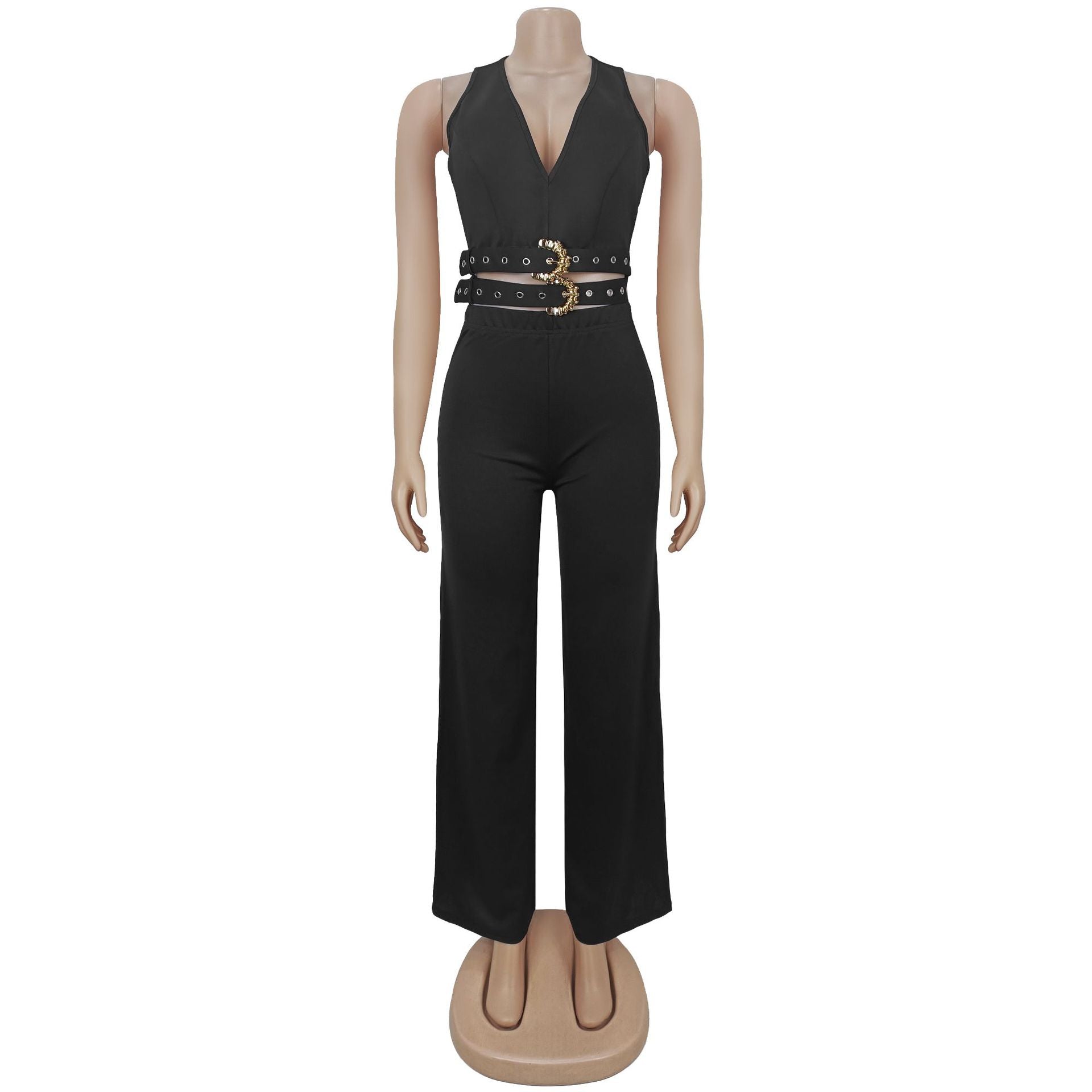 Women V-Neck Buckled Belt Top and Pants Two-Piece Set 9