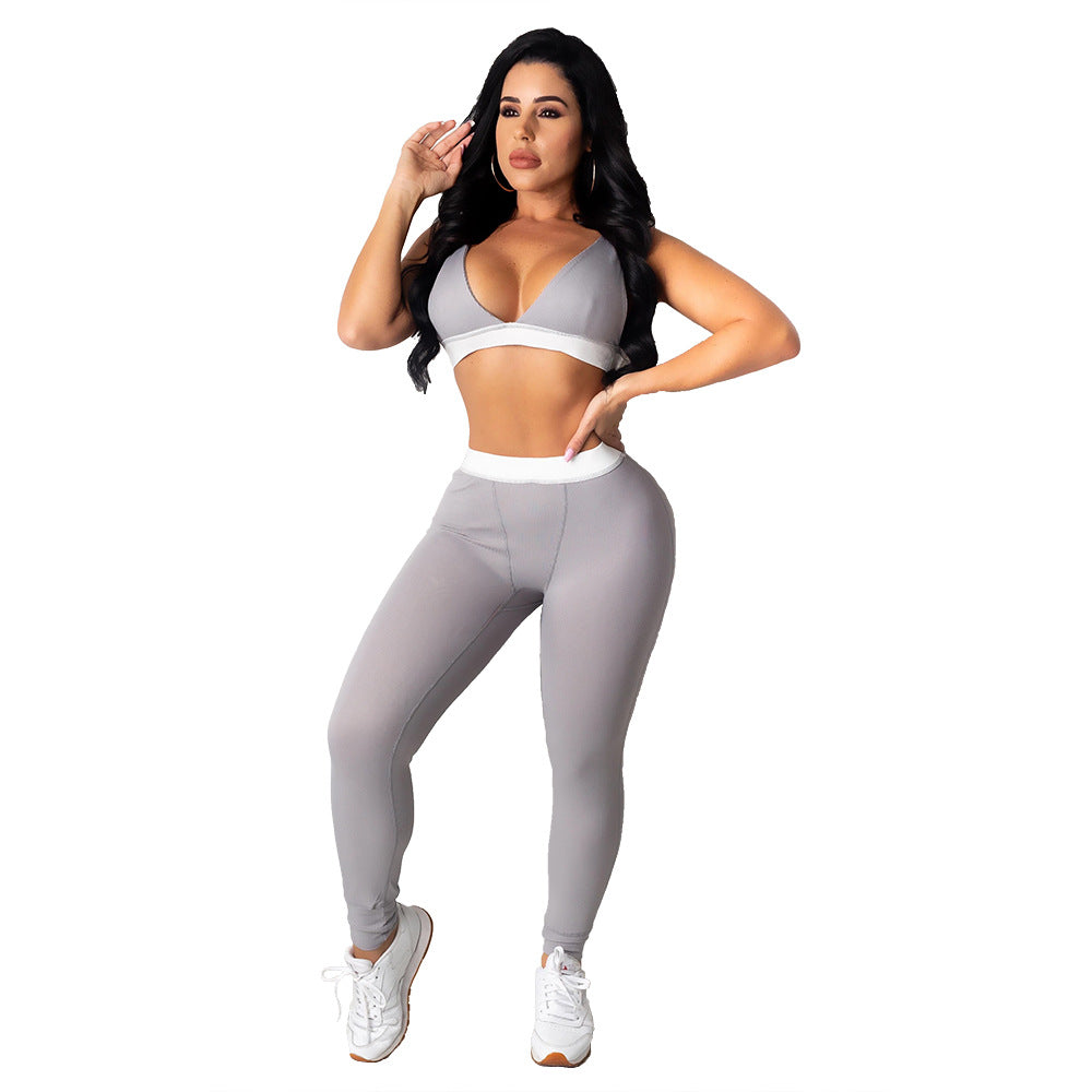 Women Solid Sling Elastic Casual Sports Two-piece Set 7
