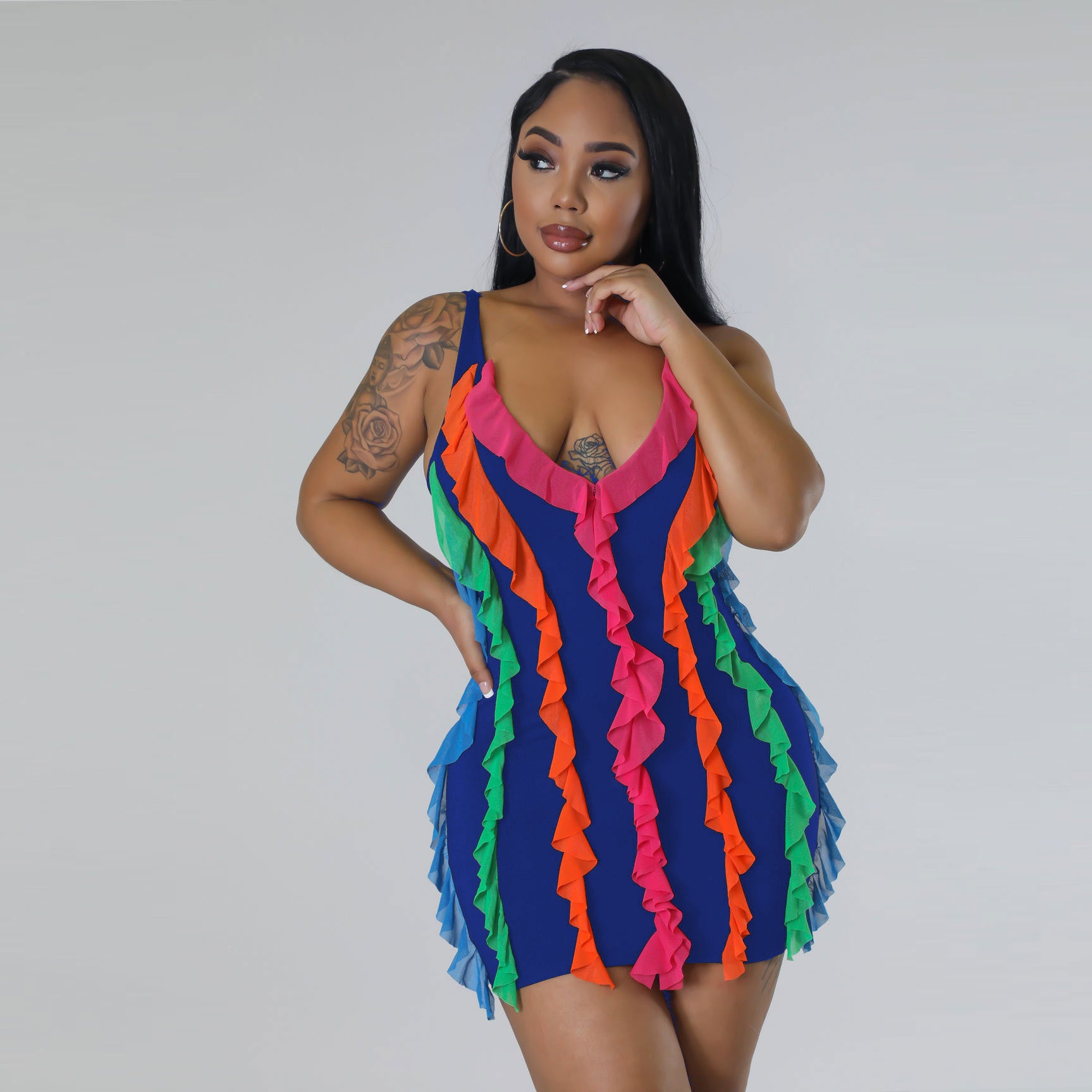 Women Contrasting Ruffles Line Irregular Mini Dress 3