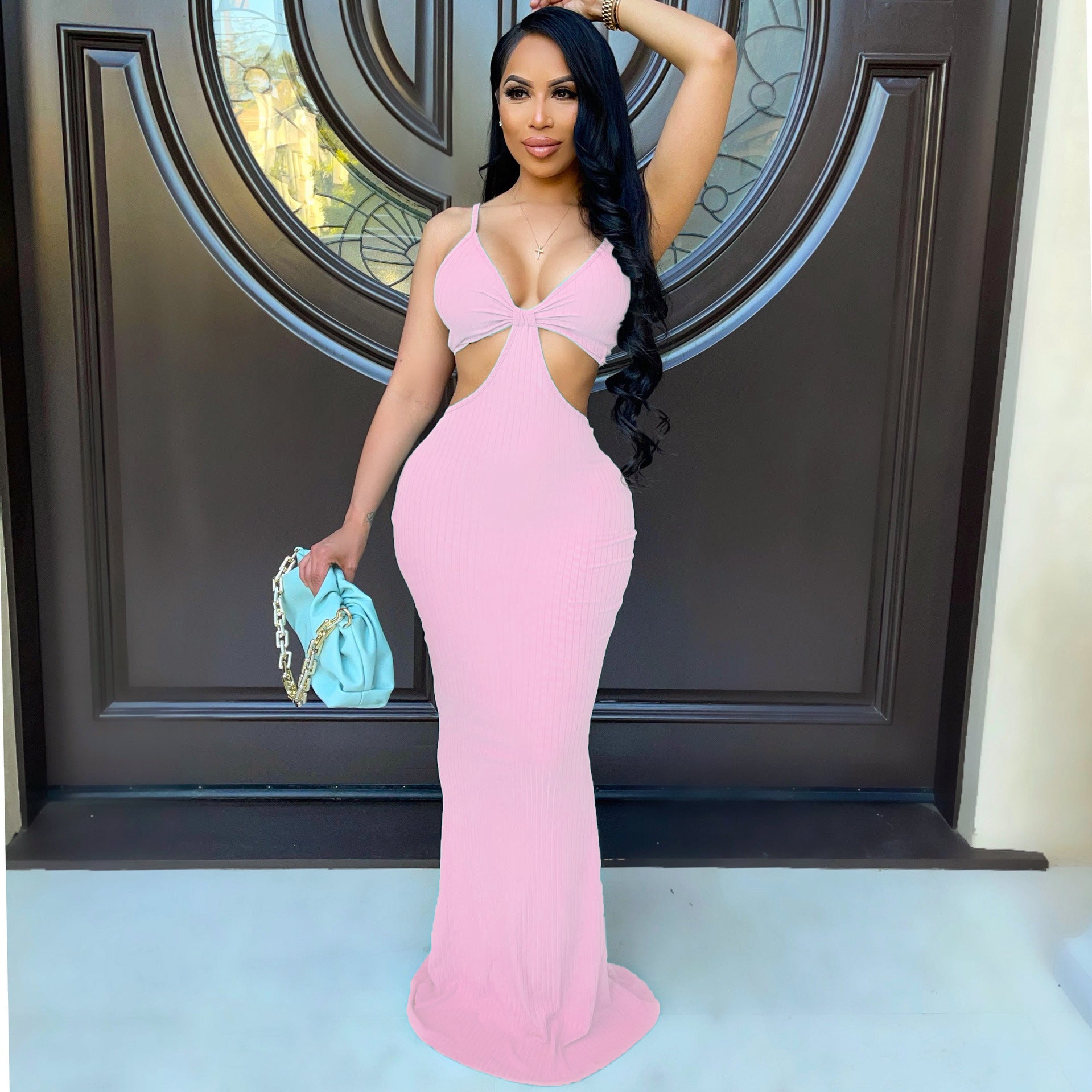 Women's Solid Color Strap Hollow Waist Long Dress 10