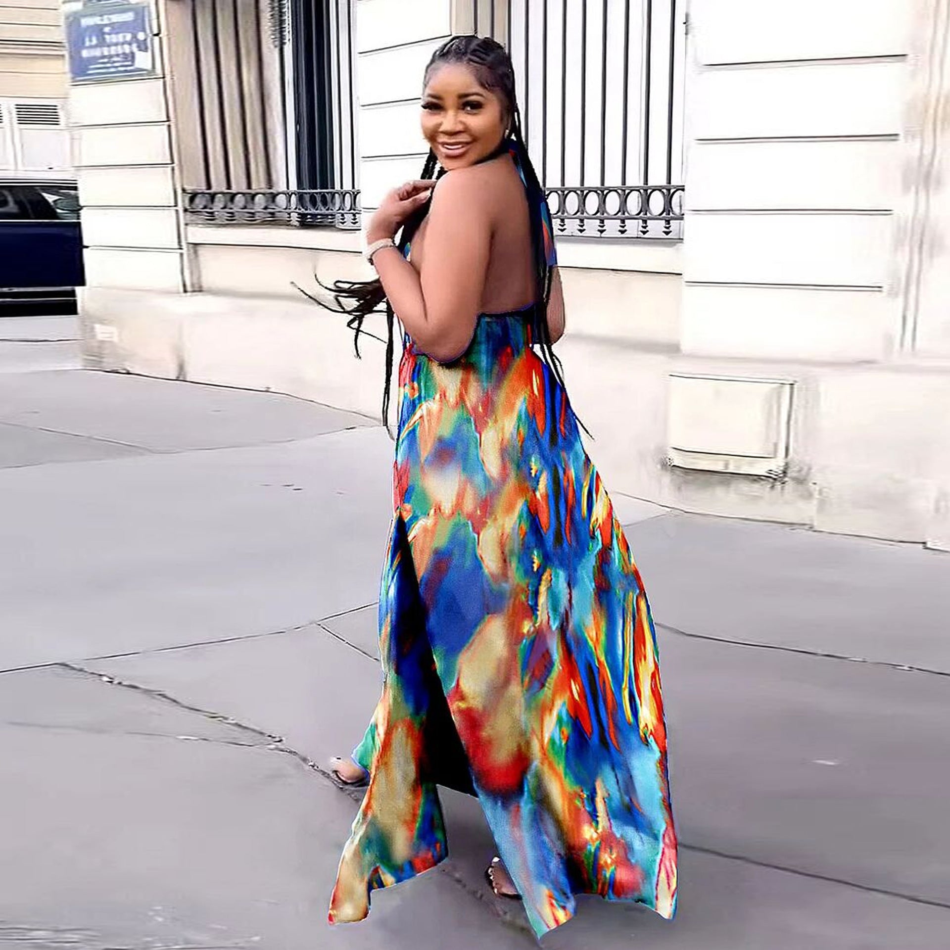 Women Print Cutout Halter Neck Lace-Up Slit Dress 4