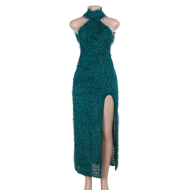 Halter Neck Fur Texture Women Sexy Slim Split Low Back Dress 6