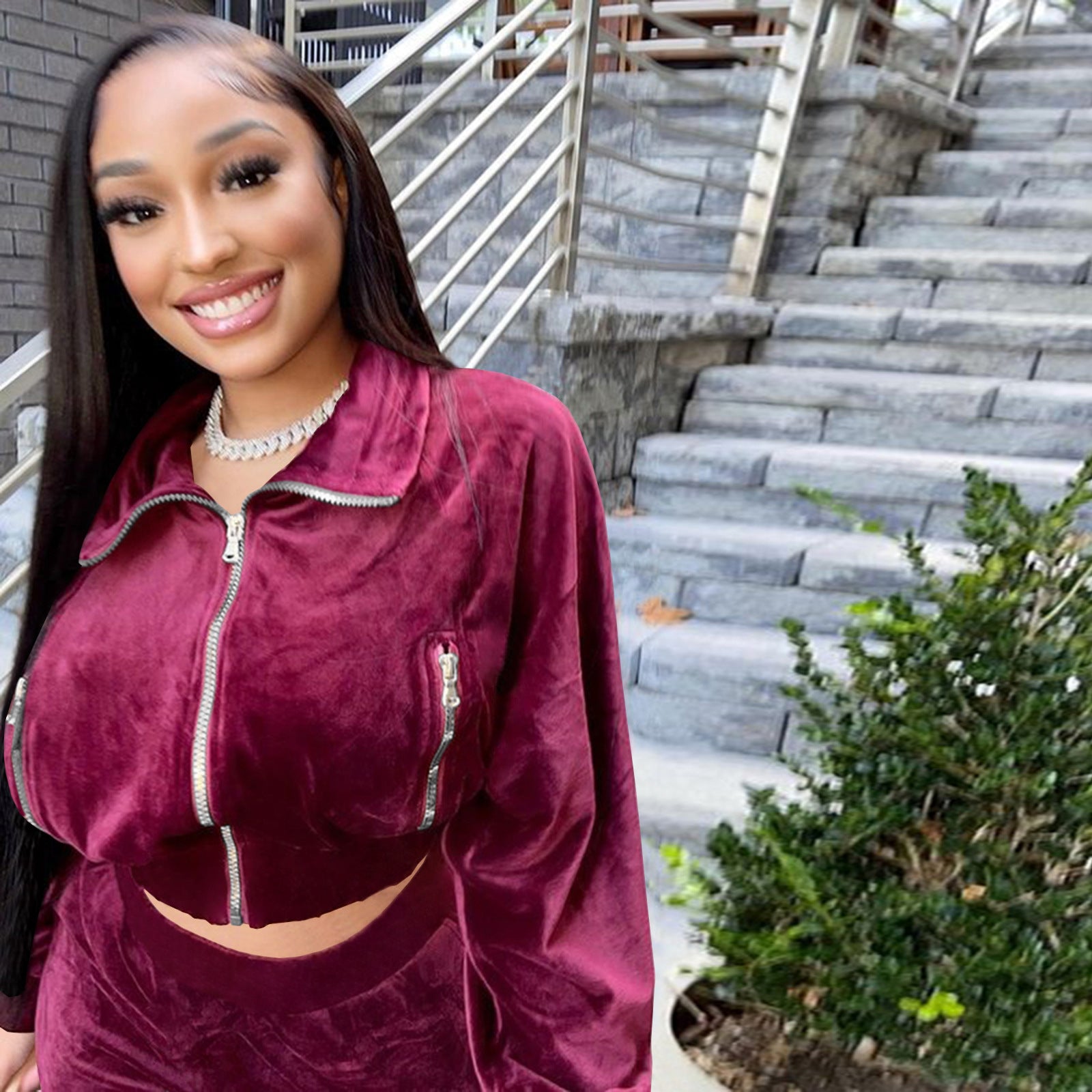 Women's Velvet Autumn And Winter Zipper Pocket Two Piece Tracksuit 5