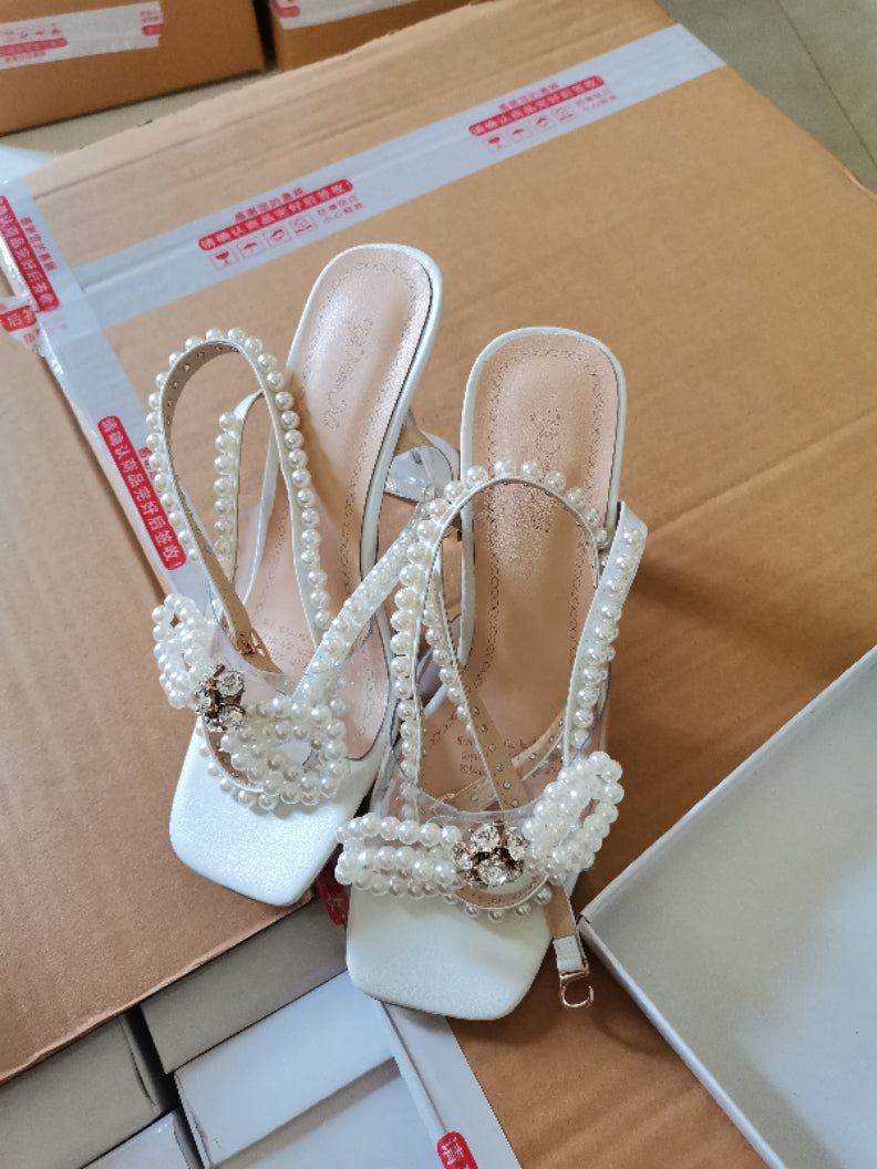 Plus Size Women's Shoes Square Toe Wine Glass Heel Pearl Rhinestone Bow High Heel Sandals 13