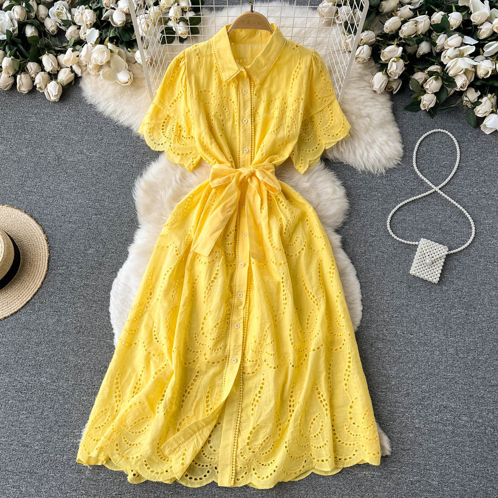 Women Turndown Collar Puff Sleeve Lace Hollow French Maxi Shirt Dress