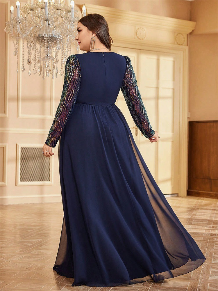 Plus Size Women sequin patchwork formal party fishtail maxi long sleeve evening dress 7