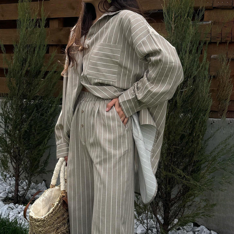 Women's Spring And Autumn Fashion Striped Loose Long Sleeve Shirt Wide Leg Pants Two Piece Set 5