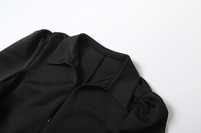 Autumn Women's Solid Color Chic Turndown Collar Slim Waist Lace-Up Zipper Long Sleeve Dress 13