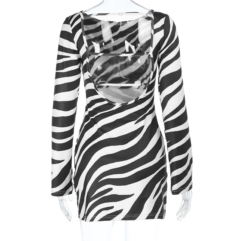 Women Sexy Backless Animal Print Long-Sleeved Bodycon Dress 8