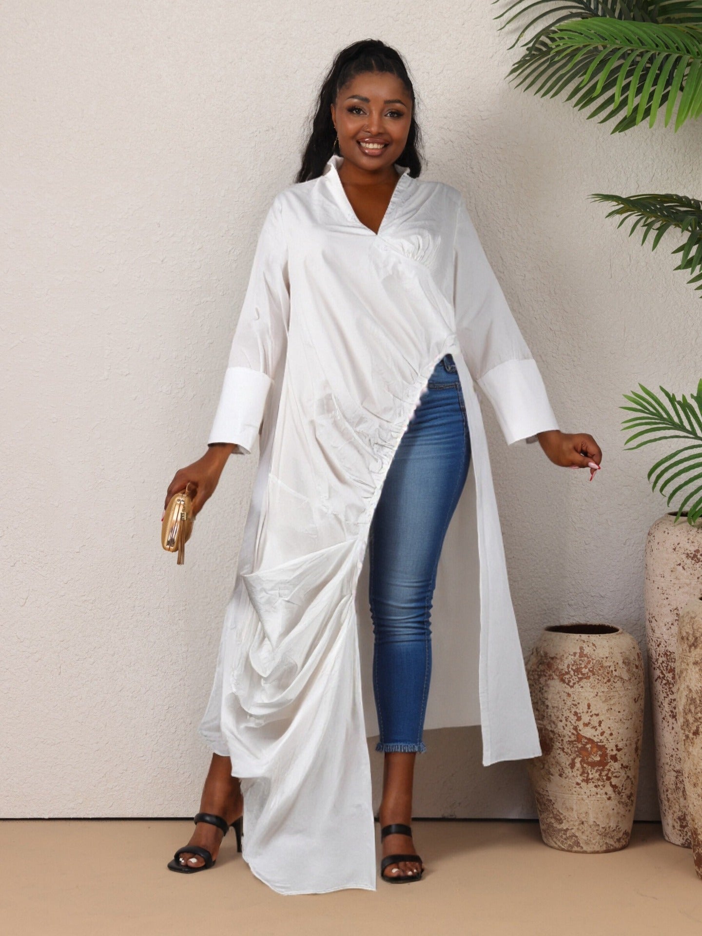 Women sexy V Neck long sleeve pleated Casual dress 3