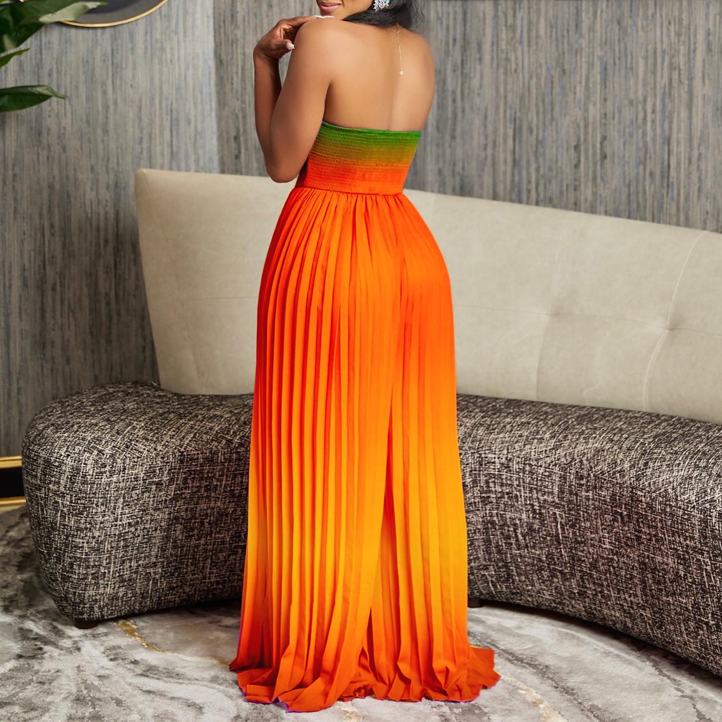Women's Summer Sexy Strapless Low Back Fashion Gradient Color Wide Leg Jumpsuit 14