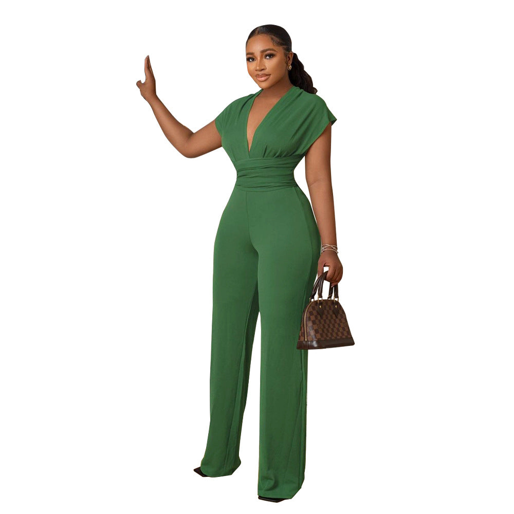 Women Solid V-neck Slim Short Sleeve Jumpsuit 14