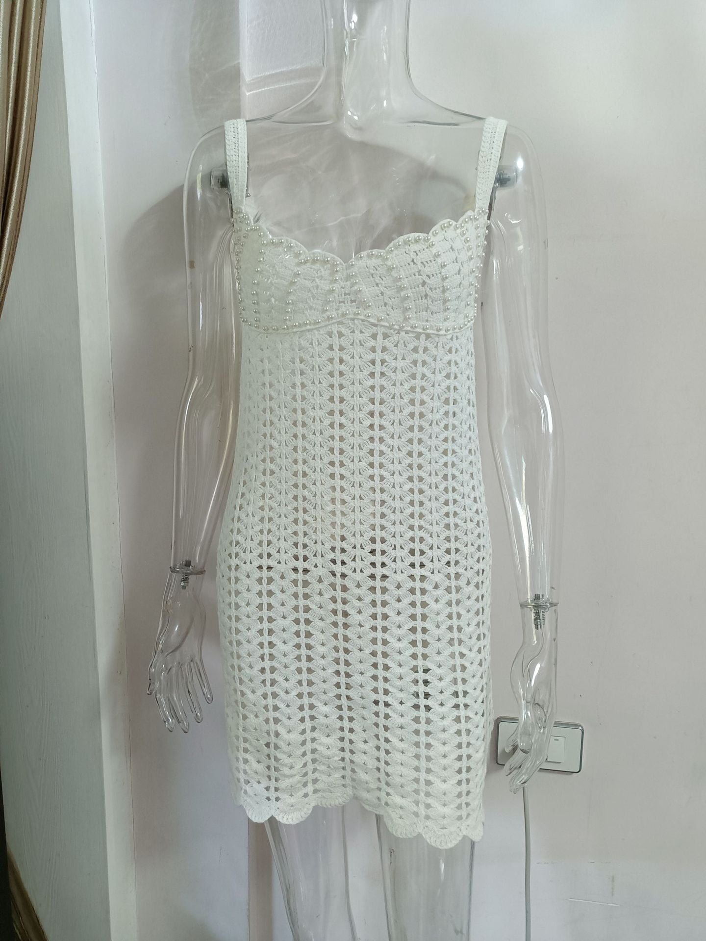 Women knitting v-neck pearl hollow Strap Dress 8