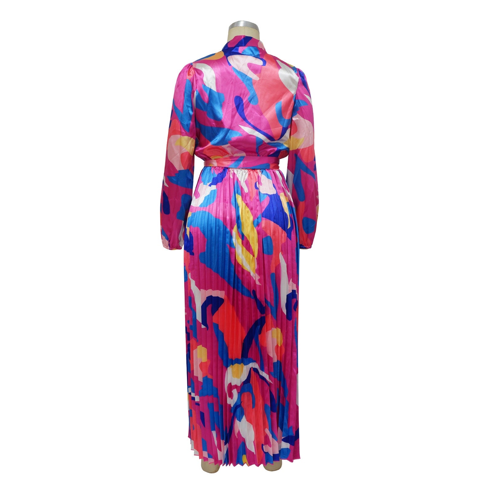 Women's Tie Long Sleeve Printed Pleated Dress 7
