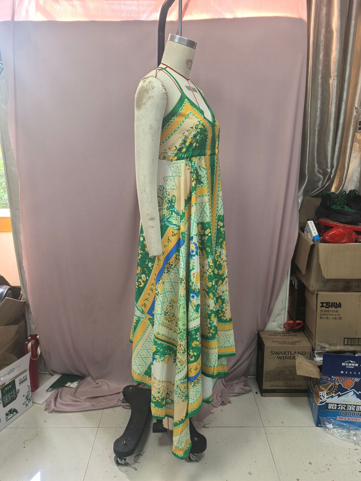 Women Spring and Summer Off-shoulder V-neck Strapless Printed Maxi Dress 15