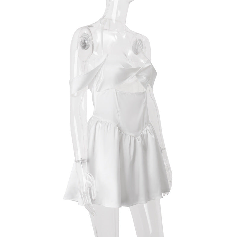 Women summer sexy Off Shoulder strapless Slim Waist solid color a-line dress 7