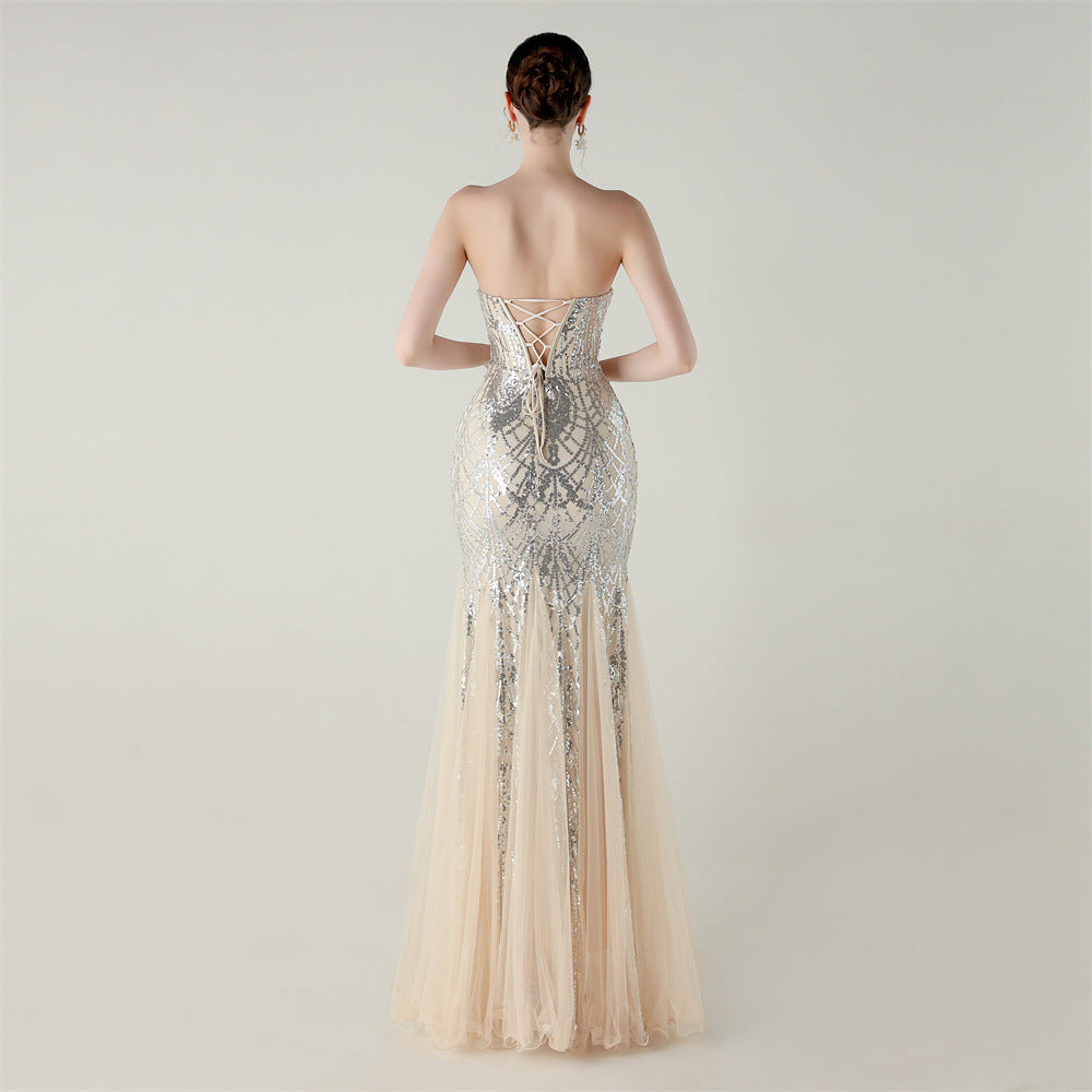 Women Strapless cross Lace-Up sequined tube flower sequined mesh evening dress Formal Party evening dress 30