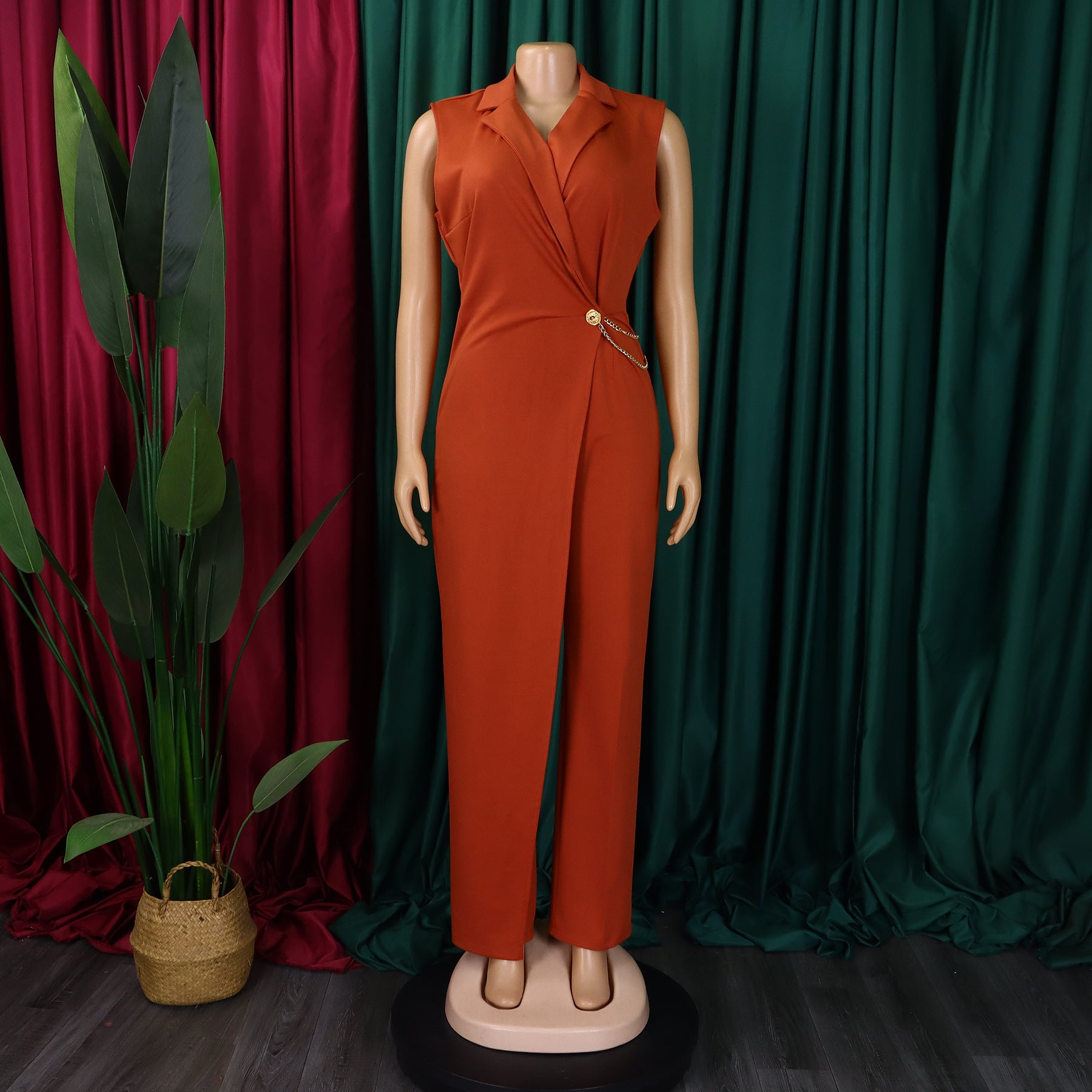 Women's Chic Elegant Turndown Collar Slim Waist Chain Loose Wide Leg Jumpsuit 18