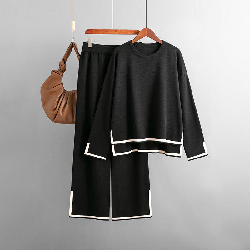 Autumn And Winter Chic Contrast Color Split Long Sleeve Knitting Top High Waist Wide Leg Pants Two-Piece Set 13