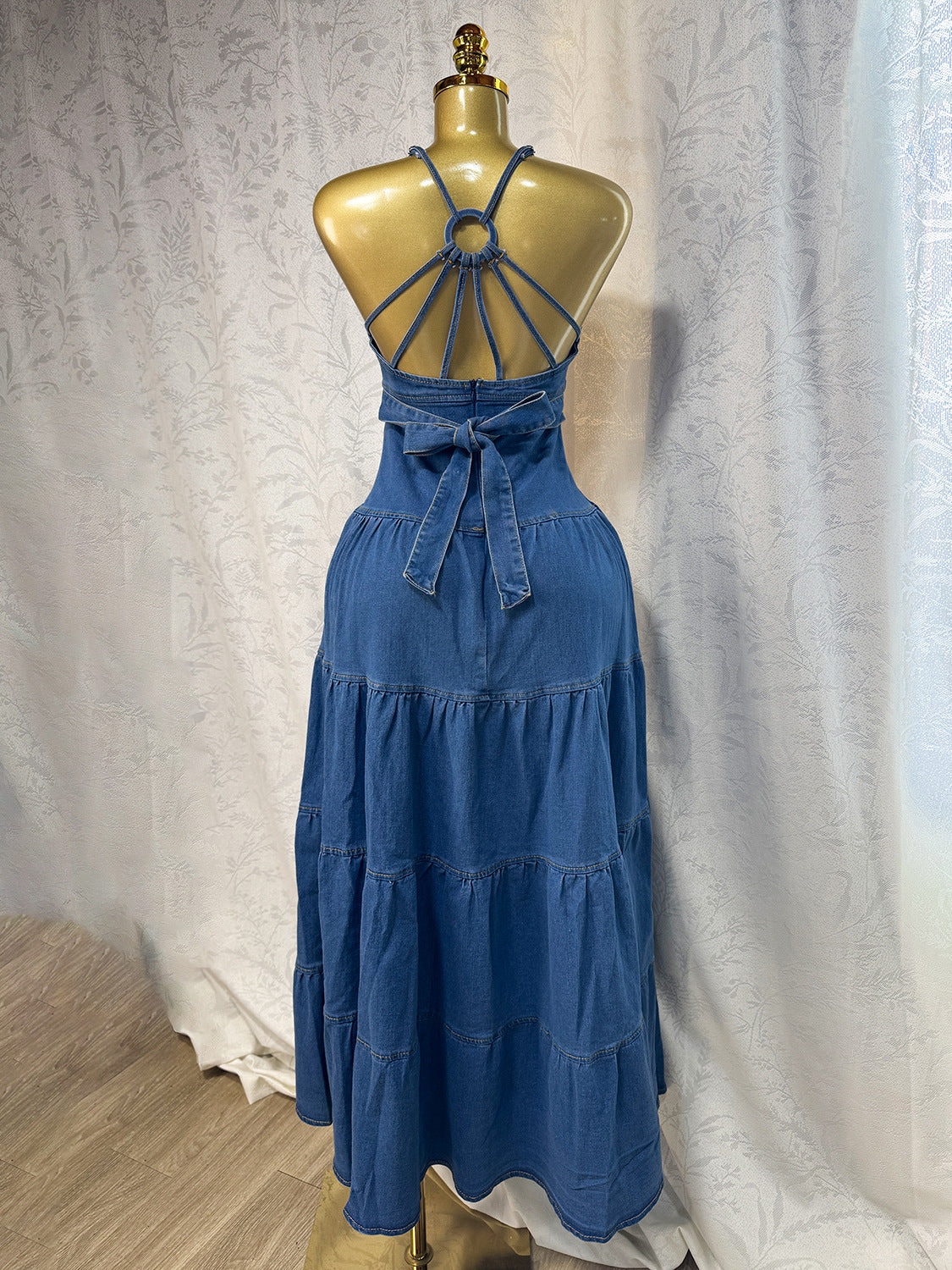 Women's Summer Sexy Fashion V neck Strap Low Back Lace Up Denim Long Dress 7