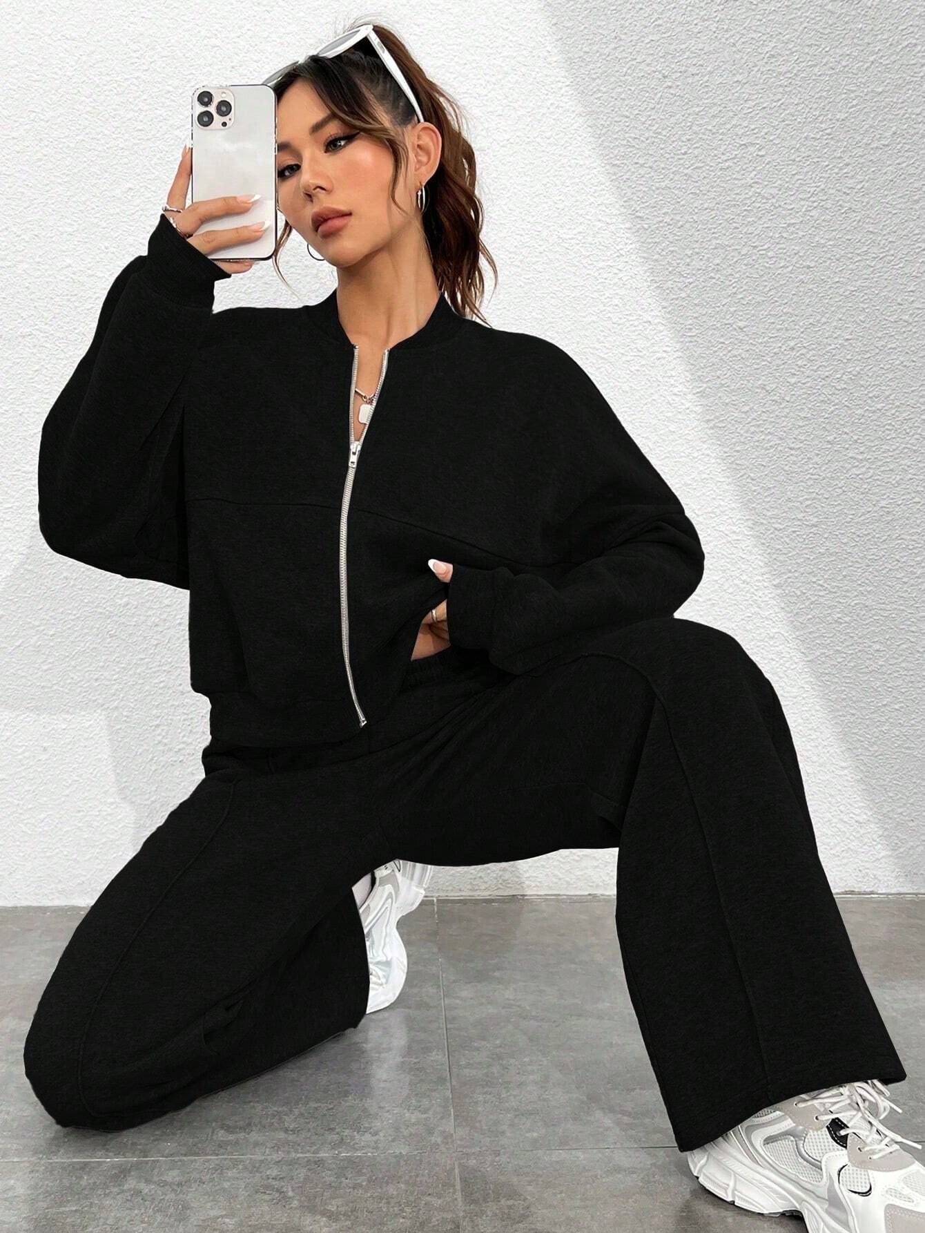 Spring autumn two-piece trendy solid color zipper long sleeve loose top elastic sweatpants two-piece set 33