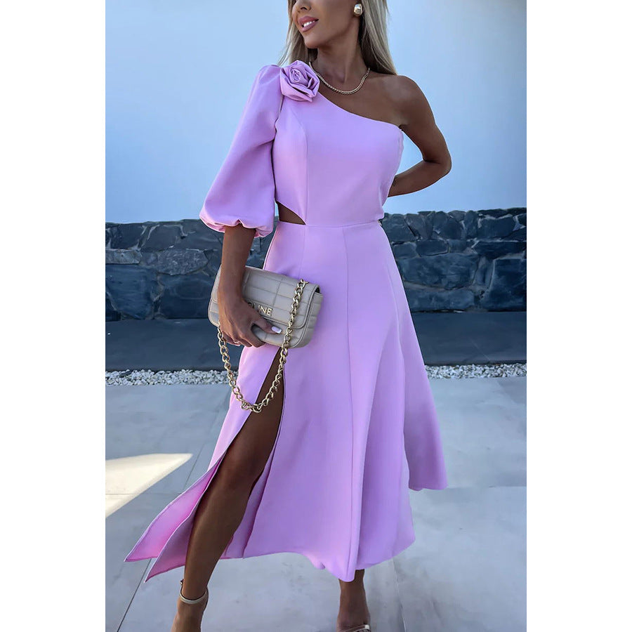 Spring Summer Slash Shoulder Slit Casual Party Satin Dress 7