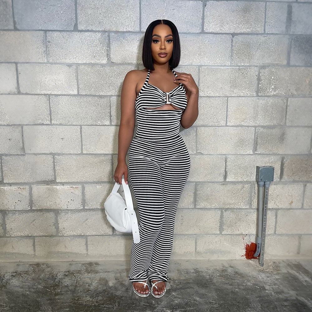 Women jacquard striped lace-up Crop Top and pencil pants two-piece set 4