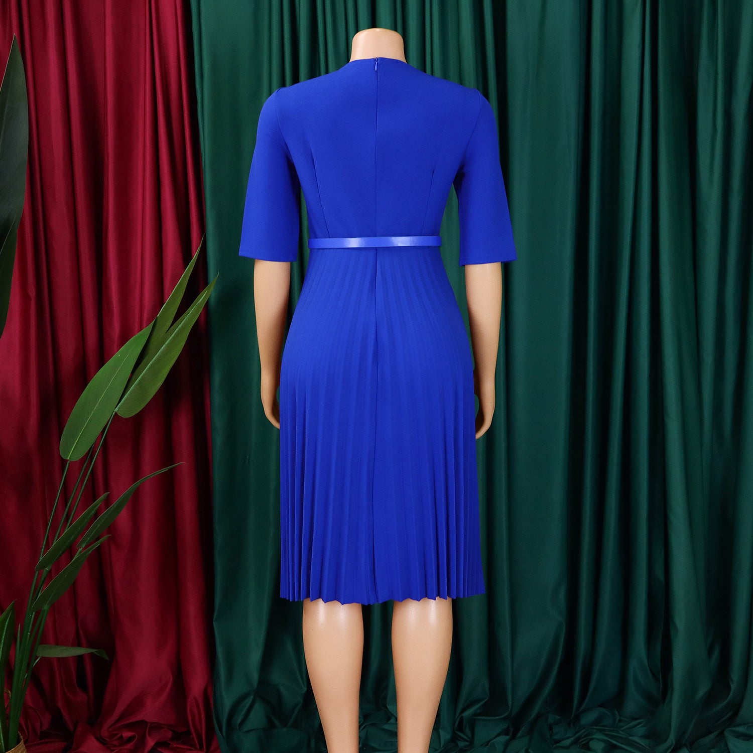 Plus Size Women's Summer Fashion Solid Color Elegant V Neck Pleated African Dress 14