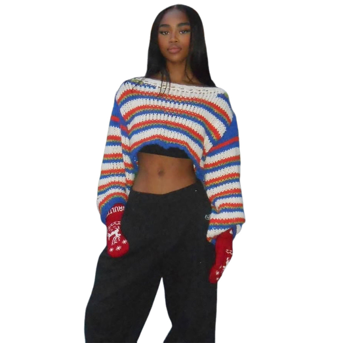 Women Fall/Winter Long Puff Sleeve Striped Sweater 22