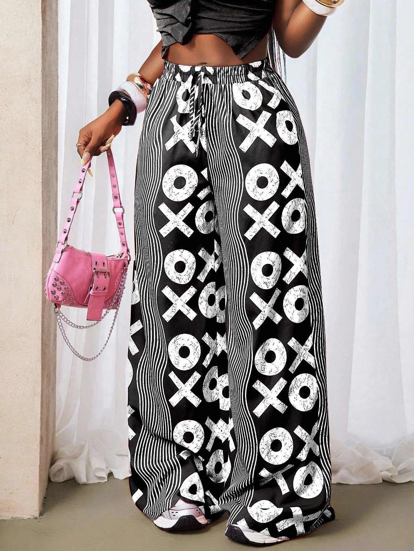 Women's Fashion Street Trendy Print Wide Leg Mid Waist Casual Long Pants 5