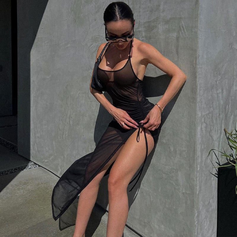 Women's Summer Mesh Sexy See-Through Slit Slim Dress 3
