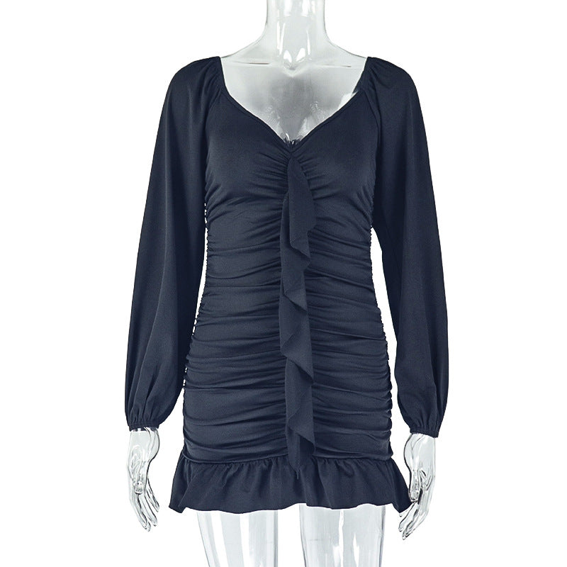 Loose Pleated U Neck Low Back Long Sleeve Dress Casual Comfort 10