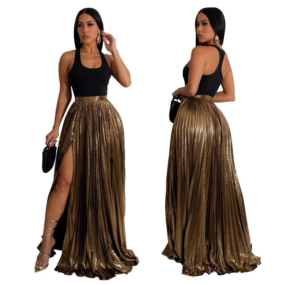Women Solid High Waist Pleated Slit Skirt 4