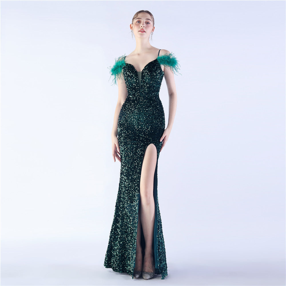 Elegant Feather High-Density Sequined Long Evening Dress 13