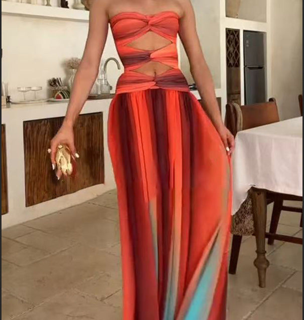 Gradient Color Strapless Hollow Out Long Gown Sexy Casual Summer Dress for Vacation 8