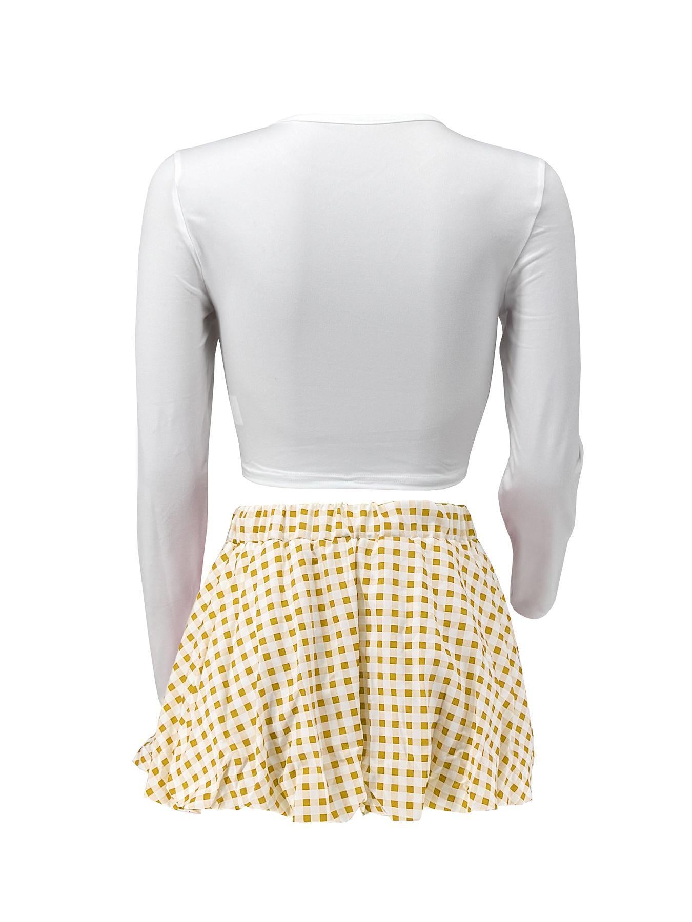 Women Casual Top and Plaid Flower Bud Skirt Two-piece Set 31