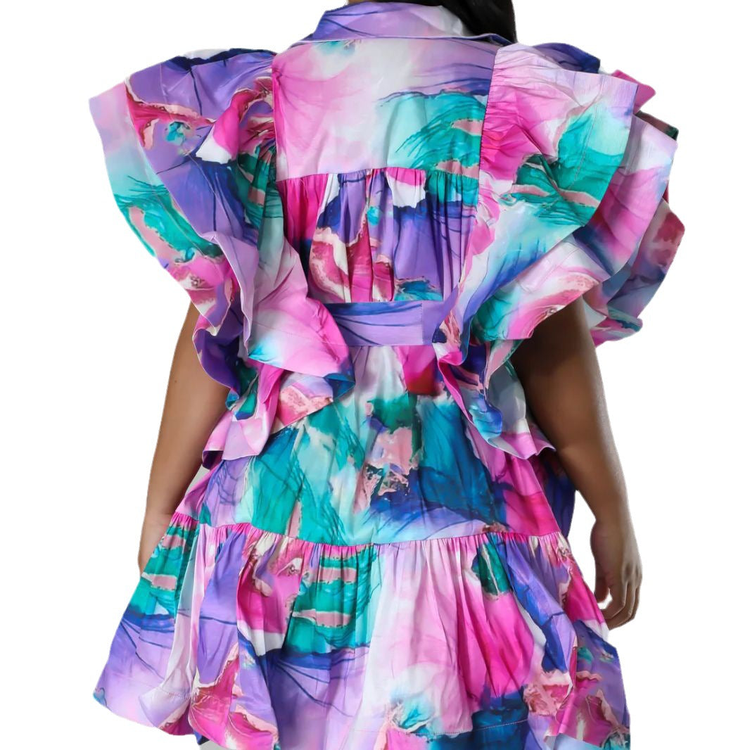 Women ruffled v-neck backless lace-up printed dress 7