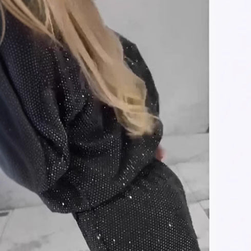 Autumn Winter Women's Bling Bling Long Sleeve Round Neck Loose Top Wide Leg Pants Two-Piece Set 4
