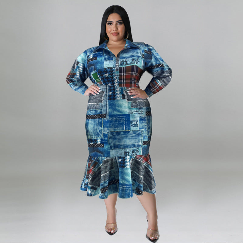 Plus Size Fall Women's Collared Open Long Sleeve Dress 7