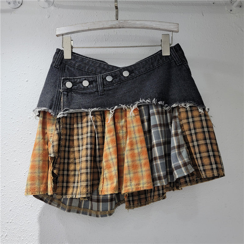Women American Plaid Patchwork Irregular Denim Skirt 3