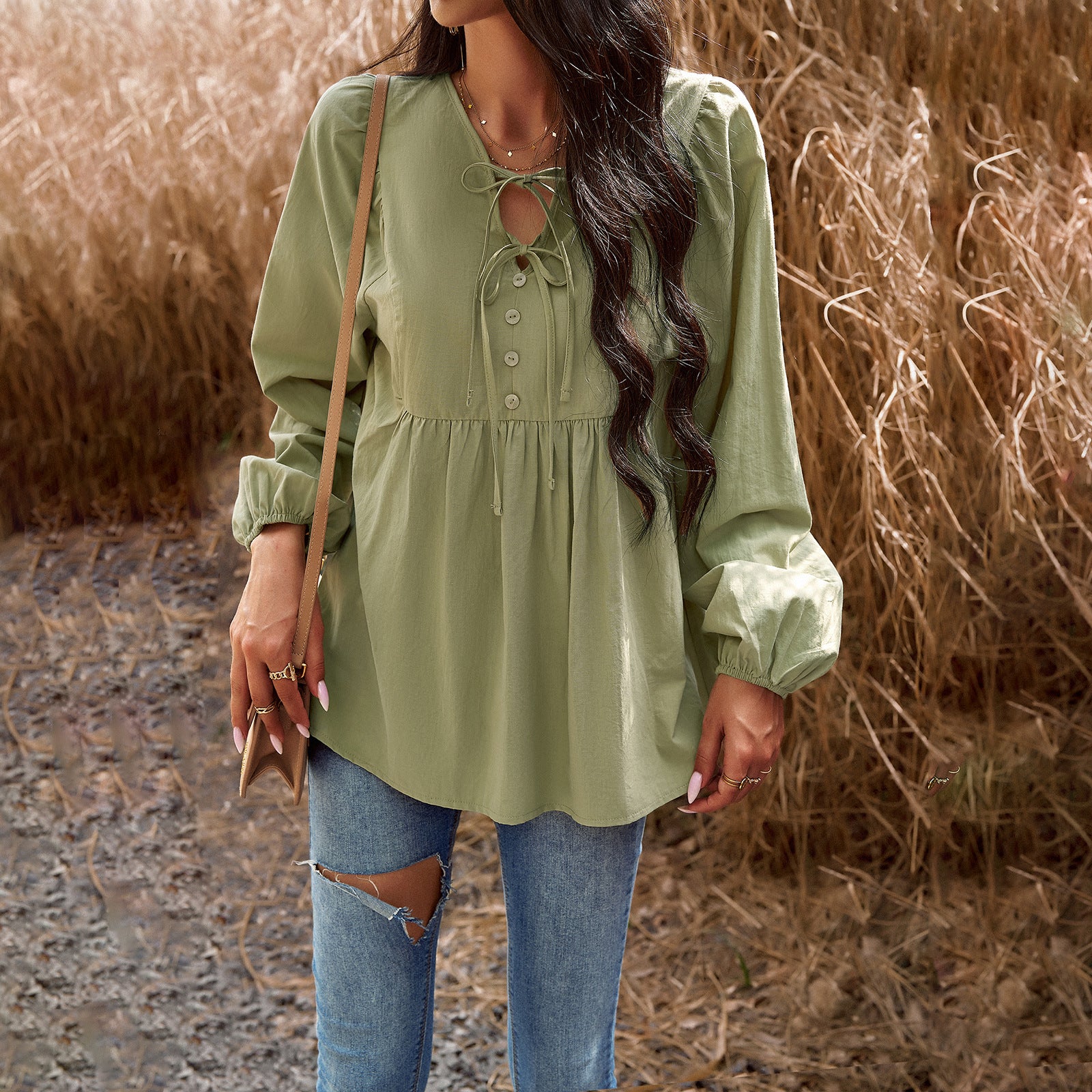 Women Chic Career Solid V Neck Long Sleeve Top 5