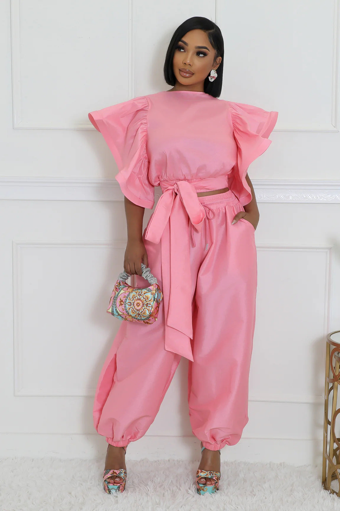 Women Ruffle Edge Sleeve Lace-Up Top and Elastic Pants Two-piece Set 8