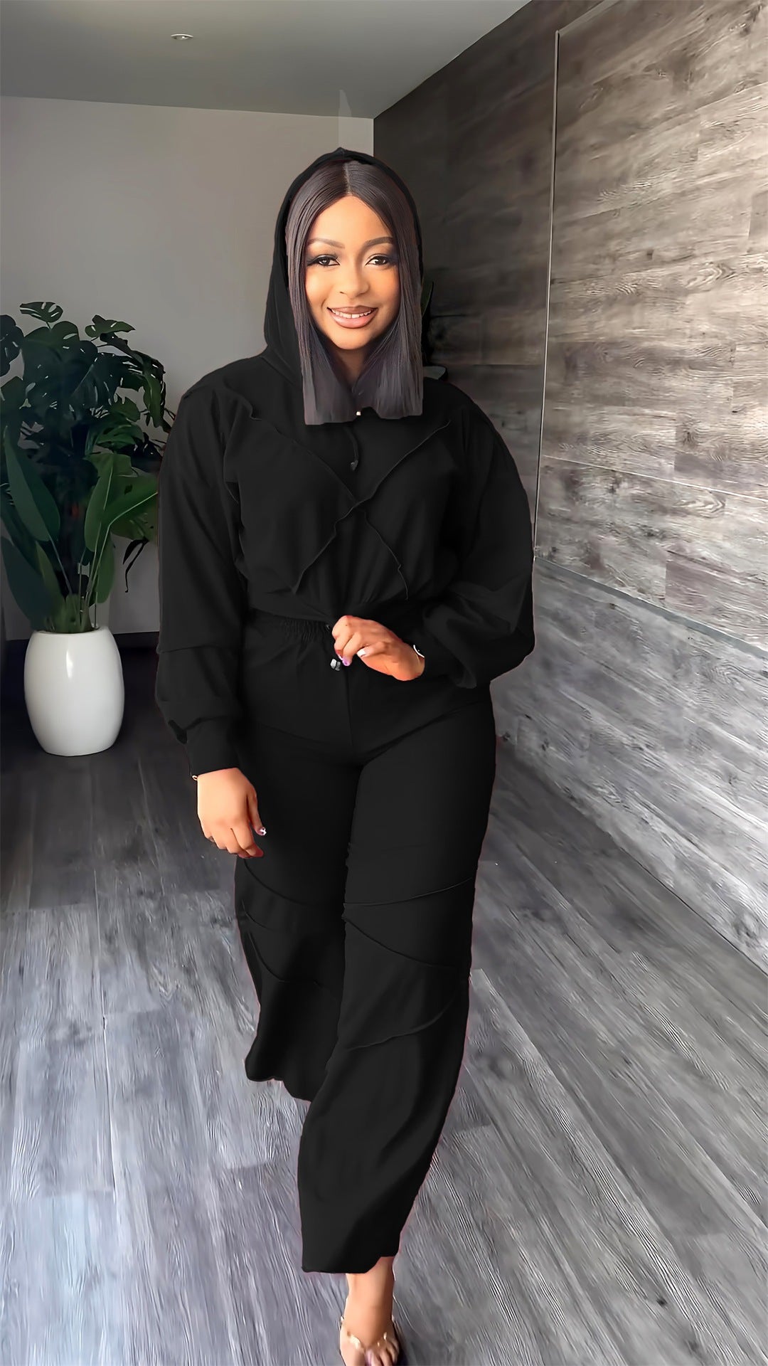 Fashion Sports Hooded Fall Winter Straight Casual Trousers Two Piece 3