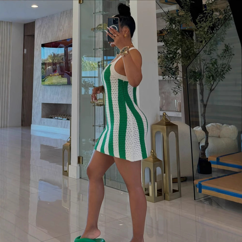 Women Spring Summer Striped Hollow Knitting Strap Dress 5