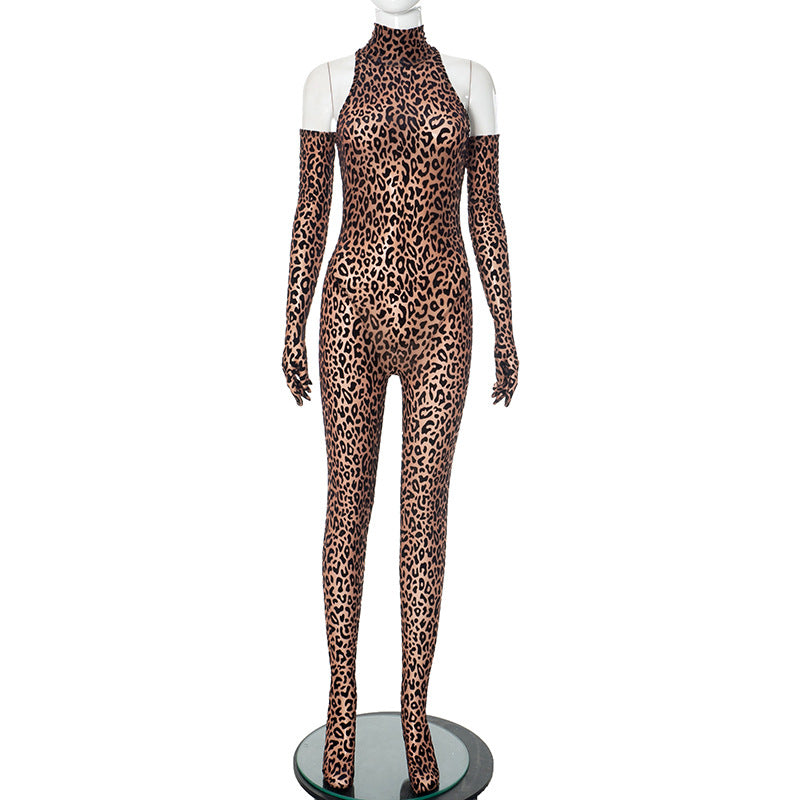 Women Half High Neck Long Sleeve Leopard Print Sexy Jumpsuit 9