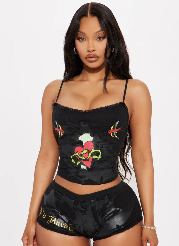 Print Lace Trim Strap Top Shorts Set