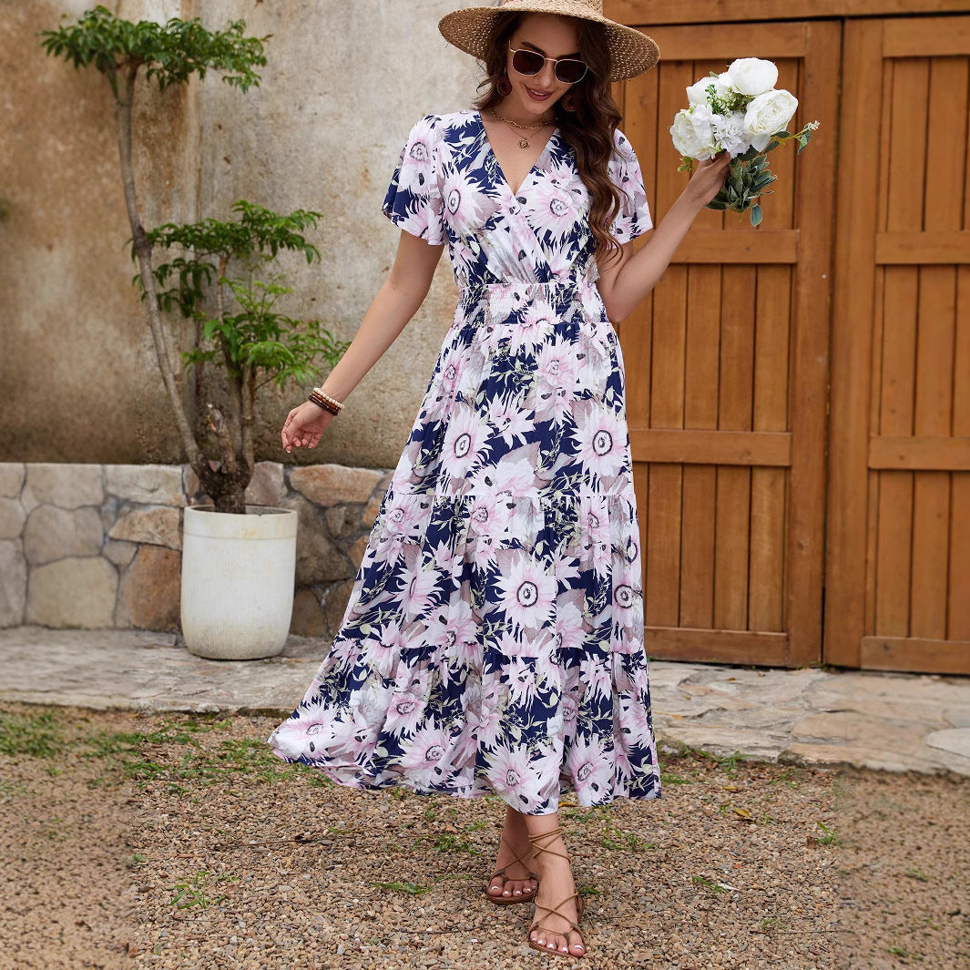 Women Printed V-Neck Short Sleeve Holidays Dress